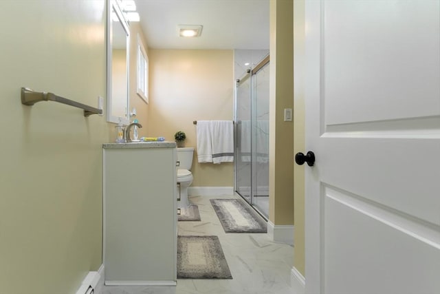 bathroom with marble finish floor, toilet, a shower stall, vanity, and baseboards