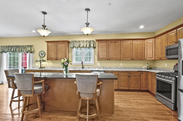 kitchen with stainless steel appliances, a wealth of natural light, light wood-style floors, and a kitchen breakfast bar