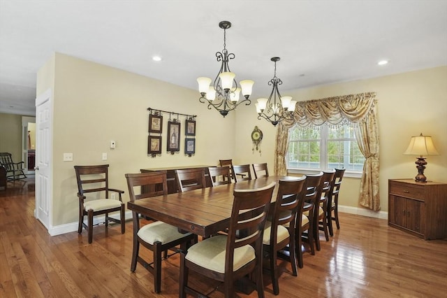 dining area featuring recessed lighting, wood-type flooring, and baseboards