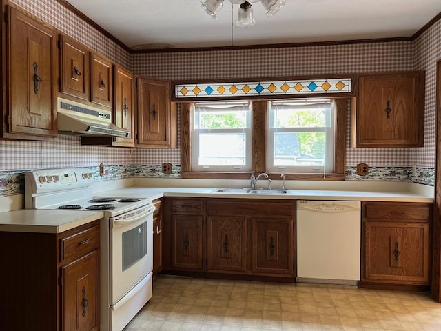 318 Holden St, Holden, MA 01520 - kitchen featuring white appliances, a sink, wallpapered walls, under cabinet range hood, and light floors