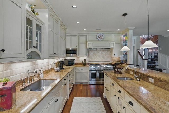 kitchen featuring dark wood-type flooring, a sink, light stone countertops, and stainless steel appliances