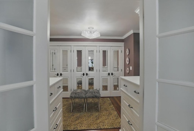 spacious closet with french doors, dark wood finished floors, and a chandelier