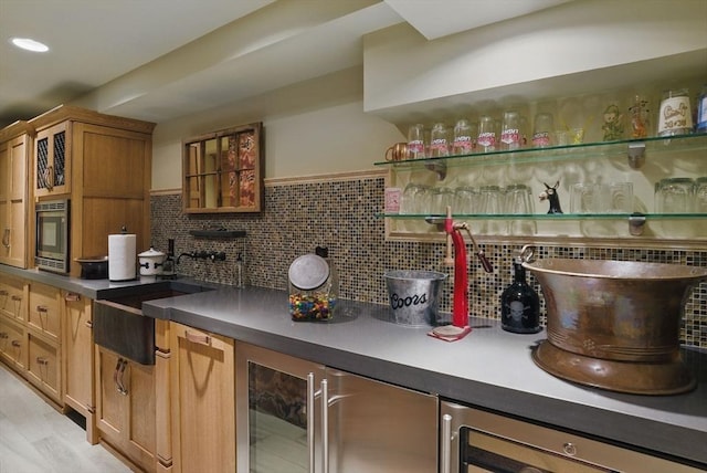 bar with bar, wine cooler, tasteful backsplash, and oven
