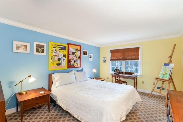 carpeted bedroom featuring crown molding