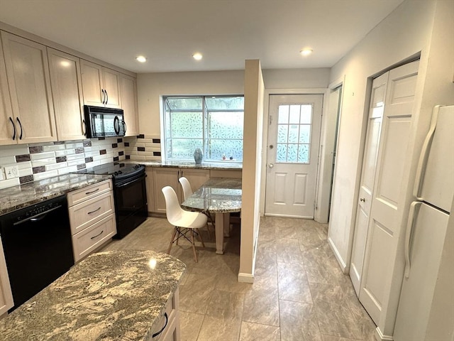 59-R Union St Unit 59-R, Boston, MA 02135 - kitchen with black appliances, dark stone countertops, backsplash, and recessed lighting