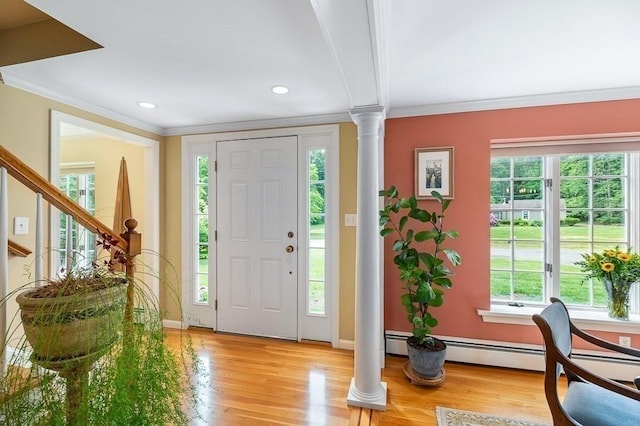 5 Whipple Rd, Hamilton, MA 01982 - foyer entrance featuring ornamental molding, decorative columns, light wood-style floors, and recessed lighting