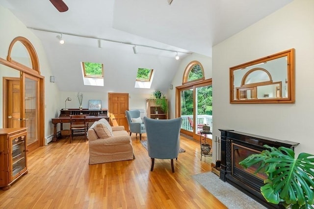 5 Whipple Rd, Hamilton, MA 01982 - living room featuring rail lighting, lofted ceiling, a skylight, and light wood-style floors