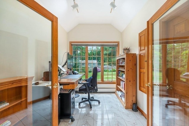 5 Whipple Rd, Hamilton, MA 01982 - office space featuring light marble finish flooring, vaulted ceiling, track lighting, and baseboard heating