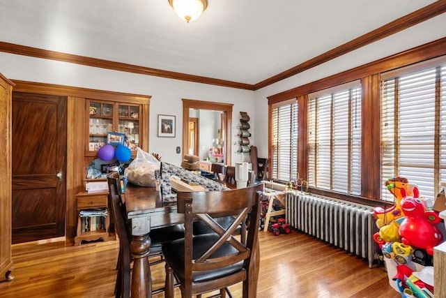 dining space featuring light hardwood / wood-style floors, radiator, and crown molding