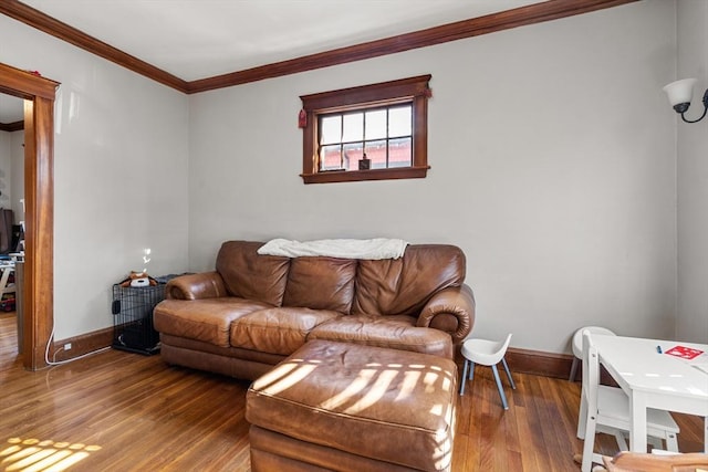 living room with crown molding and wood-type flooring