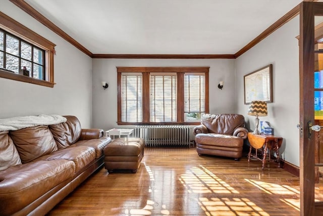 living room featuring radiator heating unit, crown molding, and light hardwood / wood-style flooring