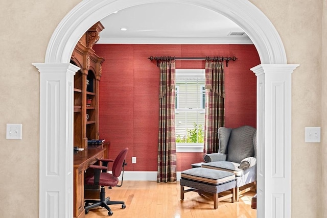 28 Ridgewood Xing Unit 28, Hingham, MA 02043 - office area featuring wood finished floors, ornate columns, arched walkways, and crown molding