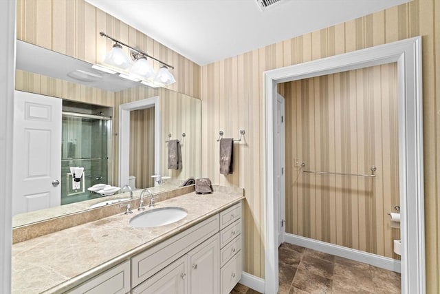 28 Ridgewood Xing Unit 28, Hingham, MA 02043 - bathroom with vanity, a shower with shower door, and wallpapered walls