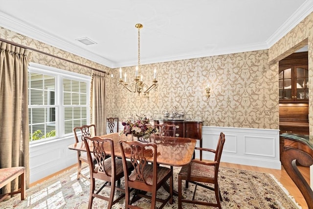28 Ridgewood Xing Unit 28, Hingham, MA 02043 - dining area with wallpapered walls, a chandelier, ornamental molding, light wood finished floors, and wainscoting