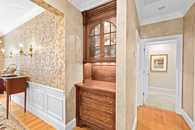 28 Ridgewood Xing Unit 28, Hingham, MA 02043 - corridor with ornamental molding, light wood finished floors, and wallpapered walls