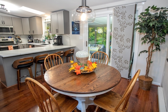 dining space with a baseboard radiator, dark hardwood / wood-style floors, and sink