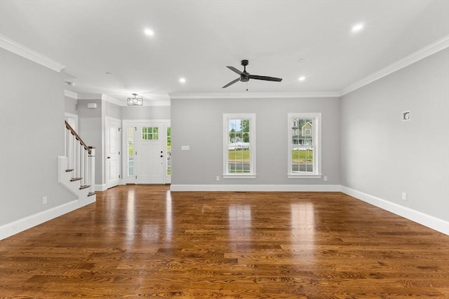 LOT11R 46 Loidie Ln, Brockton, MA 02301 - unfurnished living room featuring stairway, recessed lighting, ornamental molding, a ceiling fan, and wood finished floors