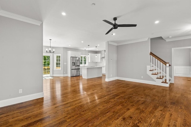 LOT11R 46 Loidie Ln, Brockton, MA 02301 - unfurnished living room with ornamental molding, dark wood-style floors, a chandelier, ceiling fan, and recessed lighting
