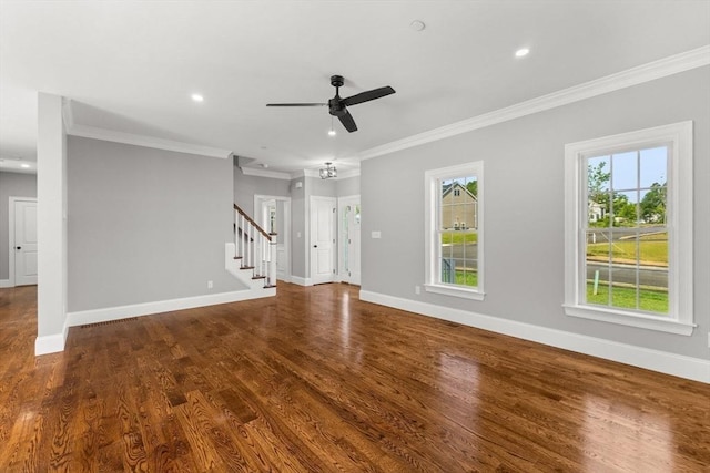 LOT11R 46 Loidie Ln, Brockton, MA 02301 - spare room with ornamental molding, ceiling fan, stairs, dark wood-type flooring, and recessed lighting