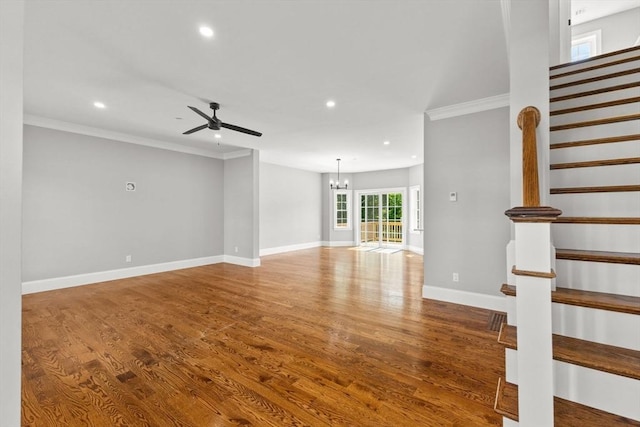 LOT11R 46 Loidie Ln, Brockton, MA 02301 - unfurnished living room featuring crown molding, recessed lighting, stairs, wood finished floors, and ceiling fan