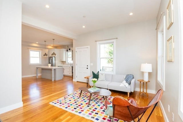 living room featuring light wood-type flooring and sink