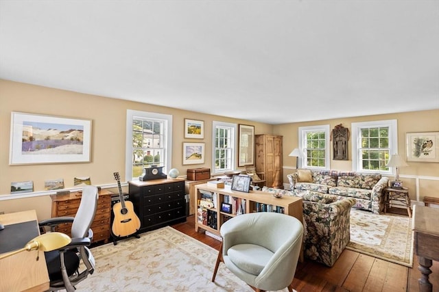 living room featuring hardwood / wood-style flooring and an office area
