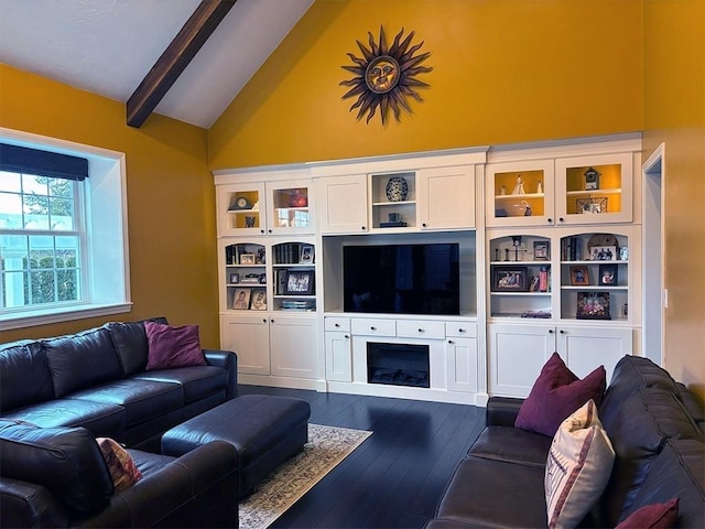 14 Cavite St, Devens, MA 01434 - living area with high vaulted ceiling, beam ceiling, dark wood finished floors, and a fireplace