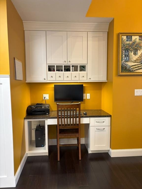 14 Cavite St, Devens, MA 01434 - kitchen with baseboards, dark wood-type flooring, white cabinets, and dark stone counters