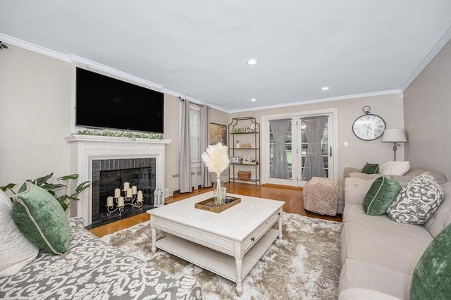 11 Florence Rd, Lowell, MA 01851 - living room featuring a fireplace with flush hearth, wood finished floors, ornamental molding, and recessed lighting