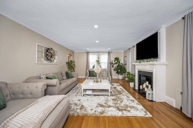 11 Florence Rd, Lowell, MA 01851 - living area with crown molding, a fireplace with flush hearth, baseboards, wood finished floors, and recessed lighting