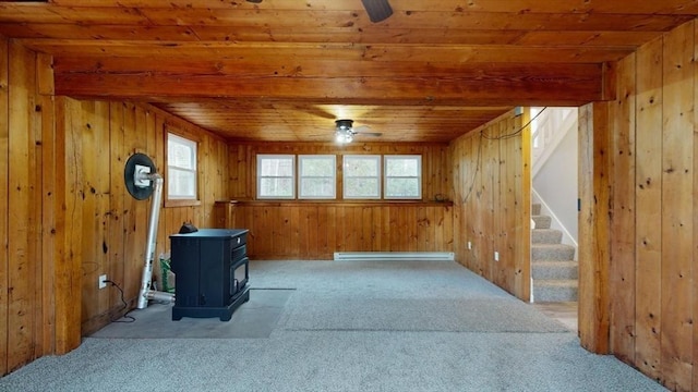 empty room featuring a baseboard heating unit, wood walls, ceiling fan, and a wood stove