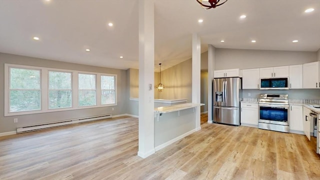 kitchen with white cabinetry, a baseboard radiator, appliances with stainless steel finishes, and light hardwood / wood-style flooring