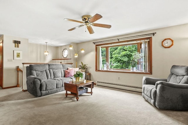 8 Messina Cir, Methuen, MA 01844 - living room with a baseboard heating unit, carpet, and a ceiling fan