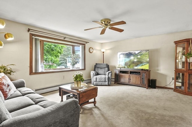 8 Messina Cir, Methuen, MA 01844 - living area featuring baseboard heating, a ceiling fan, light colored carpet, and a baseboard radiator