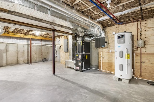 basement featuring heating unit, electric panel, and water heater