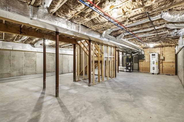 basement with heating unit and water heater