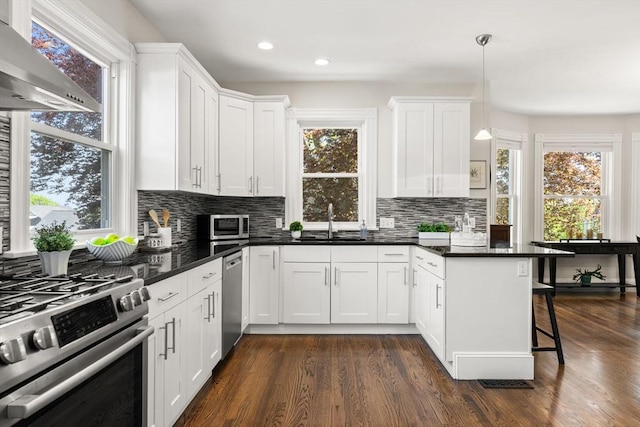 kitchen featuring stainless steel appliances, range hood, a sink, a breakfast bar, and dark wood-style flooring