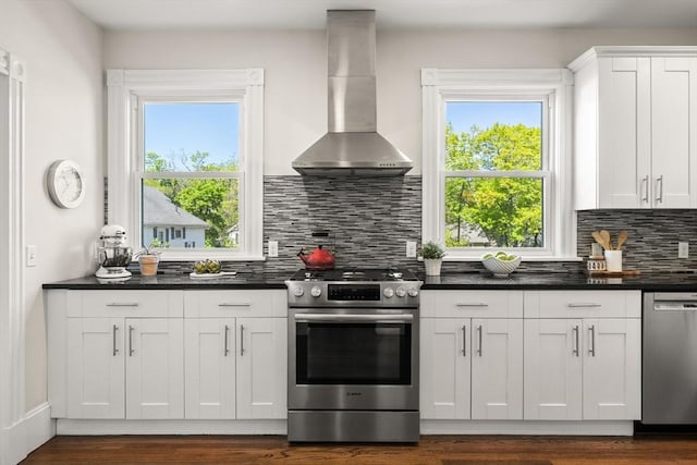 kitchen with appliances with stainless steel finishes, range hood, tasteful backsplash, white cabinetry, and plenty of natural light