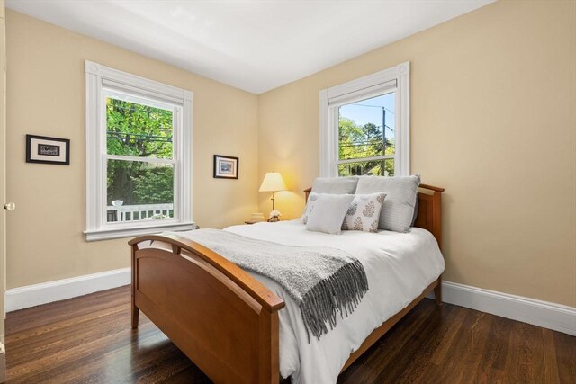 bedroom featuring baseboards, multiple windows, and dark wood-type flooring