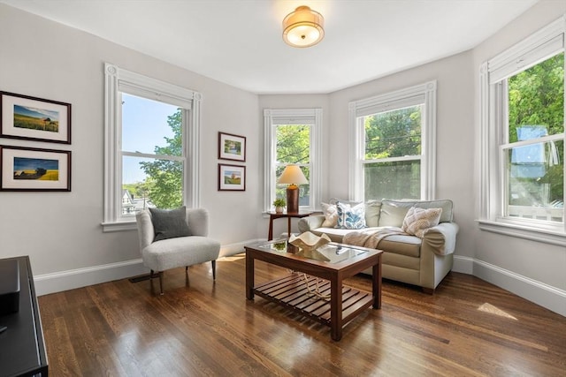 sitting room with dark wood finished floors and baseboards