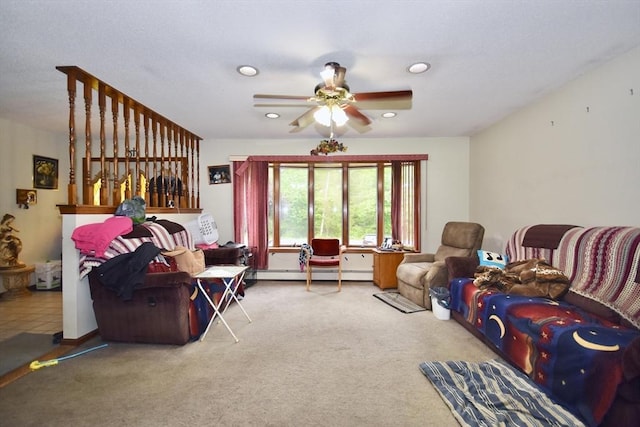 110 Lucy Little Rd, Dartmouth, MA 02747 - carpeted living room featuring a ceiling fan, recessed lighting, and baseboard heating