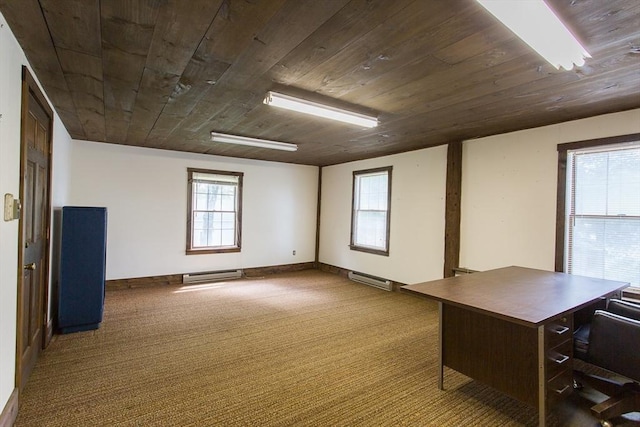 67 E Main St, West Brookfield, MA 01585 - unfurnished office with baseboard heating, carpet flooring, wood ceiling, and a baseboard heating unit
