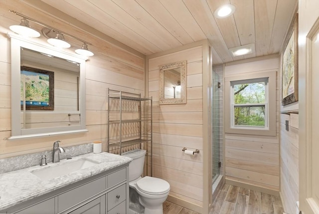 bathroom featuring wood walls, wooden ceiling, toilet, wood finished floors, and vanity