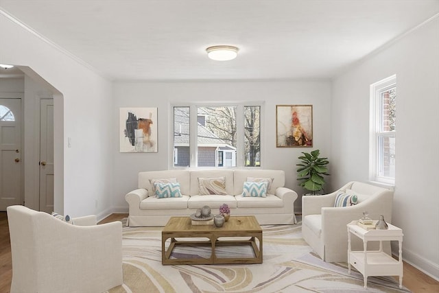 living area with a healthy amount of sunlight, baseboards, and wood finished floors