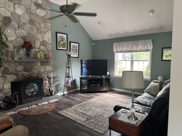 5 Gannett Way, Hopedale, MA 01747 - living room featuring a stone fireplace, ceiling fan, lofted ceiling, and wood finished floors