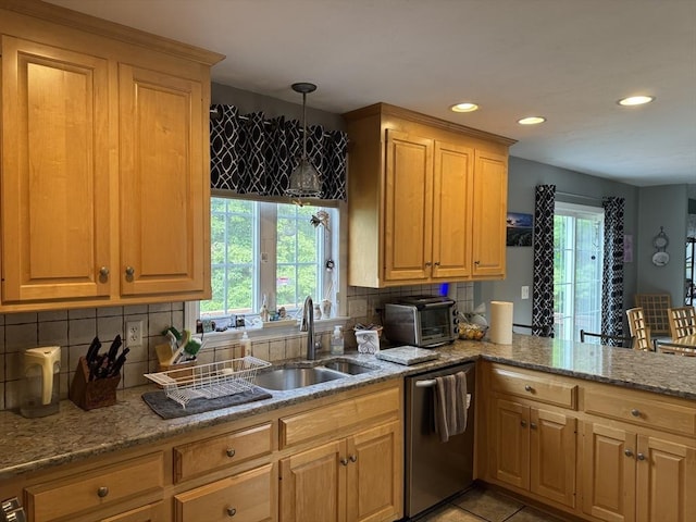 5 Gannett Way, Hopedale, MA 01747 - kitchen featuring stainless steel dishwasher, healthy amount of natural light, decorative backsplash, recessed lighting, and light stone counters