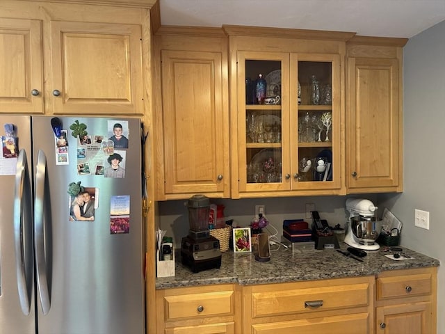 5 Gannett Way, Hopedale, MA 01747 - kitchen with freestanding refrigerator, light brown cabinetry, glass insert cabinets, and dark stone countertops