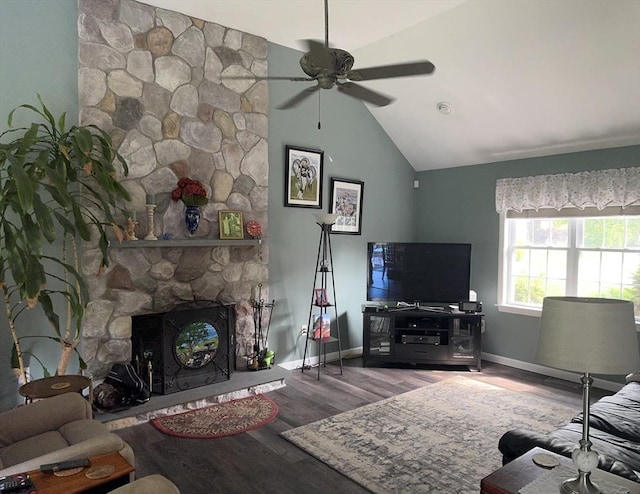 5 Gannett Way, Hopedale, MA 01747 - living room with lofted ceiling, a ceiling fan, wood finished floors, and a stone fireplace