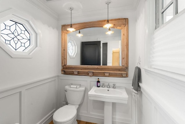 half bath featuring visible vents, crown molding, a wainscoted wall, toilet, and a decorative wall