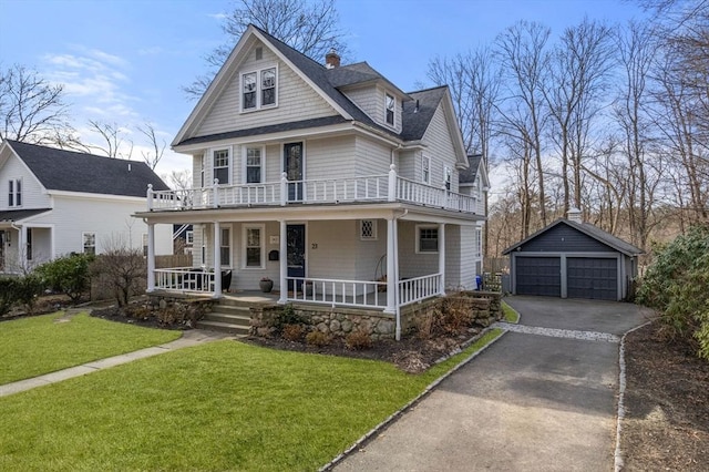 view of front of home featuring a front yard, covered porch, a garage, a balcony, and an outbuilding